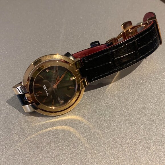 Bulova Women’s Rubaiyat Black Leather Strap Bezel Watch - Picture 4 of 5